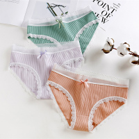 【3条】植彩新品透气提臀无痕蕾丝边三角裤螺纹棉中腰内裤女