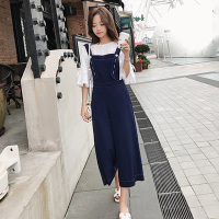 Ms.Maggie韩版新款小清新套装喇叭袖绣花上衣+撞色背带裤8406A-S51-K135-ZQS