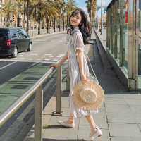 MIWEI2018夏季新款条纹雪纺兔耳朵中长款连衣裙8313-1825-K85-XS