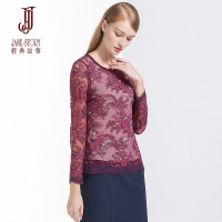 经典故事女装春季女士蕾丝衫修身优雅印花长袖上衣女T恤衫