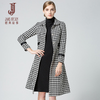 经典故事女装冬季黑白格子中长型大衣女士毛呢外套