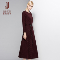 经典故事女装秋复古中长袖磨毛提花修身连衣裙