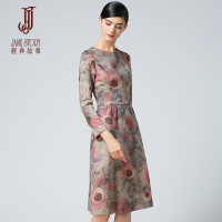 经典故事女装麂皮绒印花连衣裙秋季熟女保暖修身气质裙装