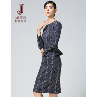 经典故事女装秋冬印花连衣裙女中长型荷叶边礼服裙