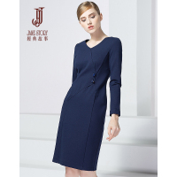 经典故事女装纯色纽扣休闲裙装通勤长袖修身连衣裙女