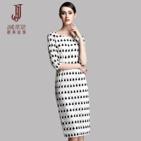 经典故事女装修身镂空印花连衣裙女秋90%高棉质裙装