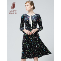 经典故事女装秋冬丝绒印花连衣裙女显瘦时尚领结