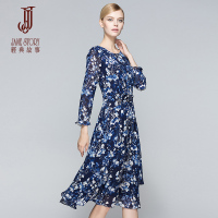 经典故事女装碎花连衣裙女秋长袖收腰显瘦休闲大摆裙