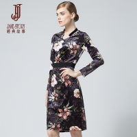 经典故事女装秋冬收腰长袖印花气质A型裙女士丝绒连衣裙