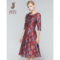 经典故事女装秋款印花七分袖连衣裙女通勤名媛优雅收腰显瘦A型裙