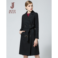 经典故事冬季暗条纹西装式风衣女双排扣外套女