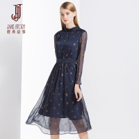 经典故事女装春季九分袖优雅修身显瘦星星印花连衣裙