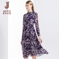 经典故事女装印花雪纺连衣裙春季2018新款女九分袖通勤收腰百褶裙百搭女装