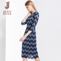 经典故事春季女气质七分袖连衣裙波浪裙摆A字裙