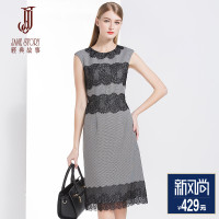 经典故事女装夏季盖袖撞色蕾丝花边连衣裙优雅时尚熟女裙