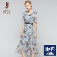 经典故事女装连衣裙中袖碎花薄裙收腰显瘦气质大摆裙女