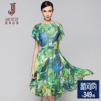 经典故事女装雪纺印花连衣裙夏装时尚蝙蝠短袖大裙摆A字裙