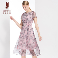 经典故事夏季休闲印花连衣裙气质大裙摆修身显瘦A字裙