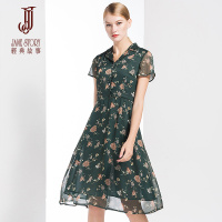 经典故事女装夏季中长型大裙摆雪纺印花连衣裙短袖A字裙