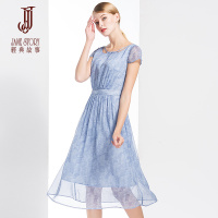 经典故事雪纺印花连衣裙夏季女士通勤修身短袖透气大摆裙