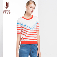 经典故事年夏季时尚中袖修身横纹针织衫女士T恤上衣