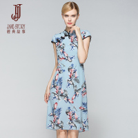 经典故事女装古典改良旗袍连衣裙印花短袖薄裙修身女裙