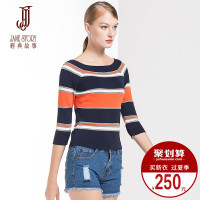 经典故事女夏七分袖条纹针织衫上衣微弹透气T恤衫