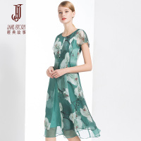 经典故事女装年夏季仿真丝雪纺气质印花飞边袖修身连衣裙