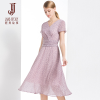 经典故事年夏季雪纺连衣裙女短袖修身优雅气质大摆裙