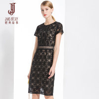 经典故事年夏季立体几何图案蕾丝铅笔裙修身短袖连衣裙