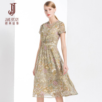 经典故事女装夏季短袖七彩丝印花气质连衣裙雅大摆裙