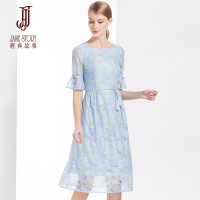经典故事女装夏季蕾丝连衣裙女微喇叭袖大摆裙女