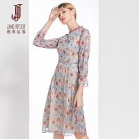 经典故事女秋九分袖碎花雪纺连衣裙女士修身A字裙