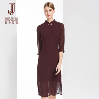 经典故事年秋季女装古典仿旗袍七分袖修身乔其A字连衣裙