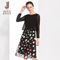 经典故事秋季长袖乔其印花背后开叉时尚通勤连衣裙