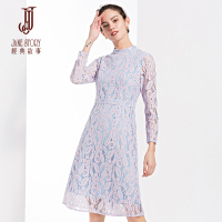 经典故事女装秋季新修身气质修身显瘦A型双色蕾丝连衣裙