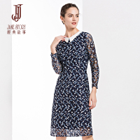 经典故事女装九分袖气质A字裙秋季双色蕾丝波点连衣裙女