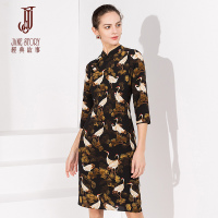 经典故事女装秋季古典七分袖旗袍麻料修身印花连衣裙