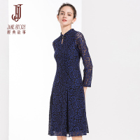 经典故事女装秋季旗袍领长袖蕾丝连衣裙女修身时尚大摆裙