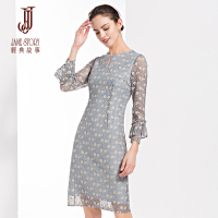 经典故事女装秋季优雅双色蕾丝连衣裙女九分袖A字熟女裙