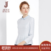经典故事粗纺编织呢T恤女秋衬衫领伞边修身九分袖上衣