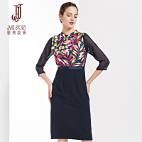 经典故事女装时尚裙装秋季七分袖仿真丝缎提花连衣裙