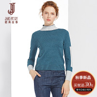 经典故事冬季半高领拼色时尚套头针织衫女松紧袖保暖毛衣