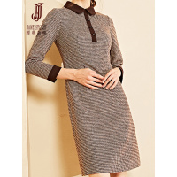 经典故事秋季九分袖千鸟格磨毛连衣裙女修身铅笔裙