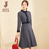 经典故事女装秋季优雅时尚暗条纹飘带显瘦连衣裙