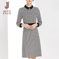 经典故事女装秋季长袖黑白千鸟格修身连衣裙女A字裙