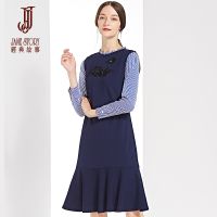 经典故事秋季修身荷叶边条纹长袖钉珠贴花连衣裙女