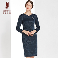 经典故事秋季九分袖时尚丝光提花优雅修身连衣裙女