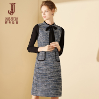 经典故事女装秋冬编织呢拼接九分袖优雅连衣裙