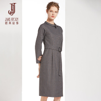 经典故事女装冬季八分袖优雅束腰时尚复古格子连衣裙
